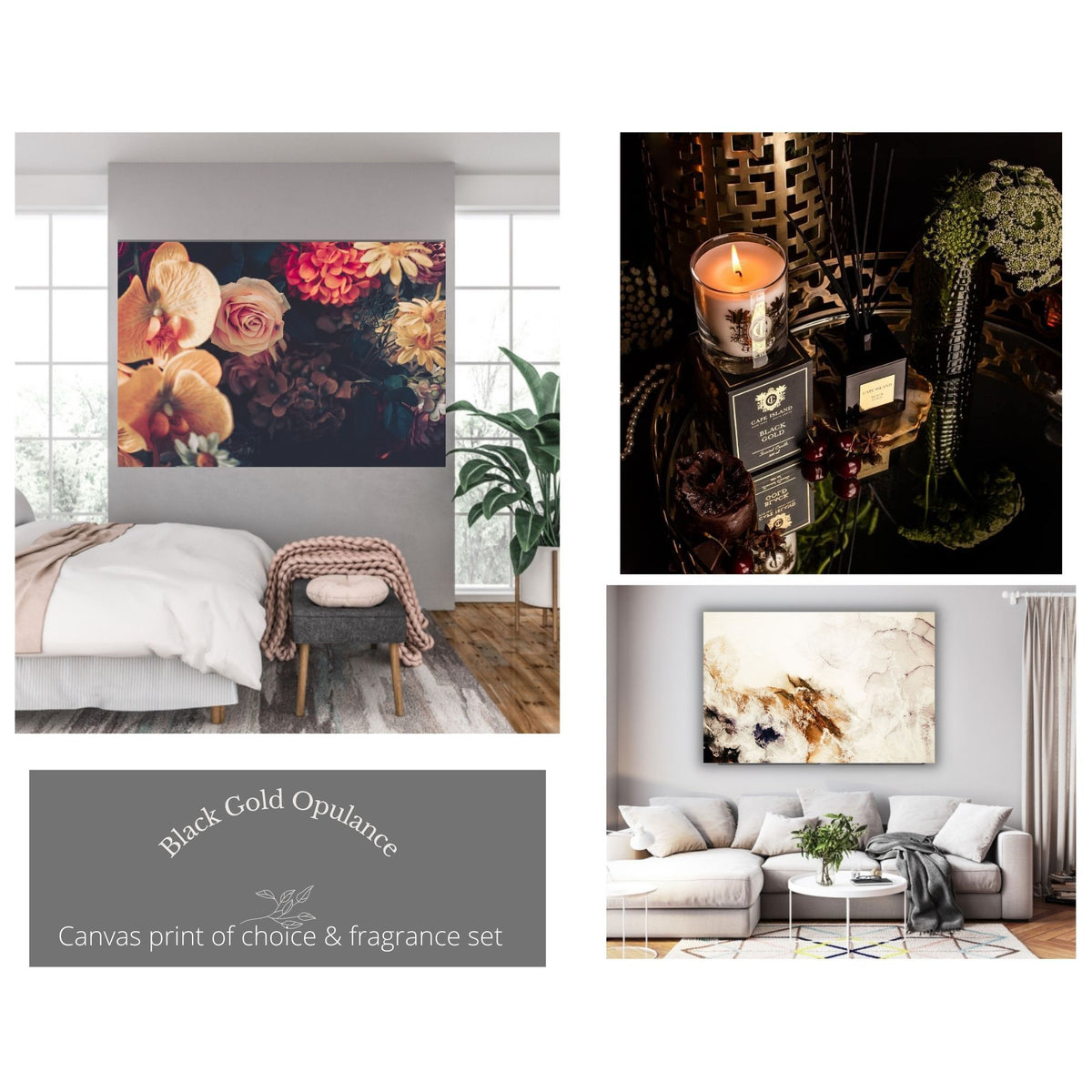 OPULENT ESCAPE CANVAS AND FRAGRANCE SET - BLACK GOLD RANGE freeshipping - Beautiful Spaces Store