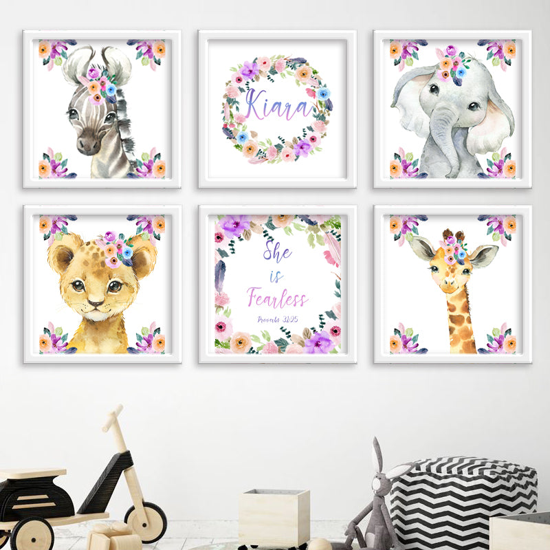 Safari Animals with Flowers, Name and Quote freeshipping - Beautiful Spaces Store